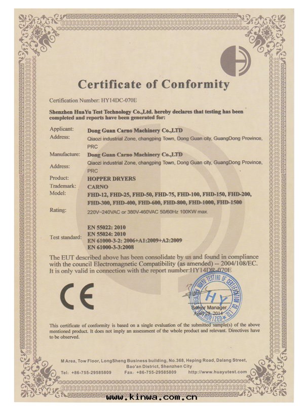 Cerifieation Number.HY14DC-070E